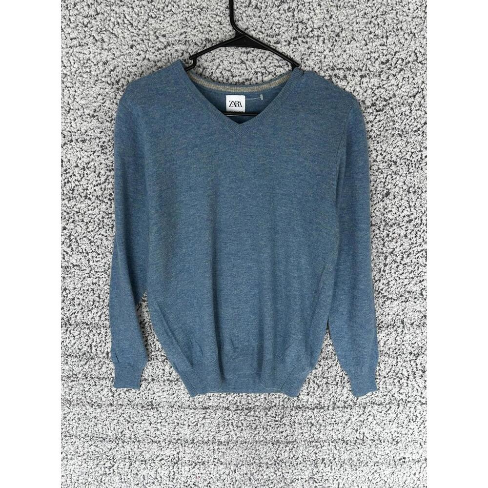 Zara Knit V-Neck Sweater Blue Mens Small Lightweight Pullover